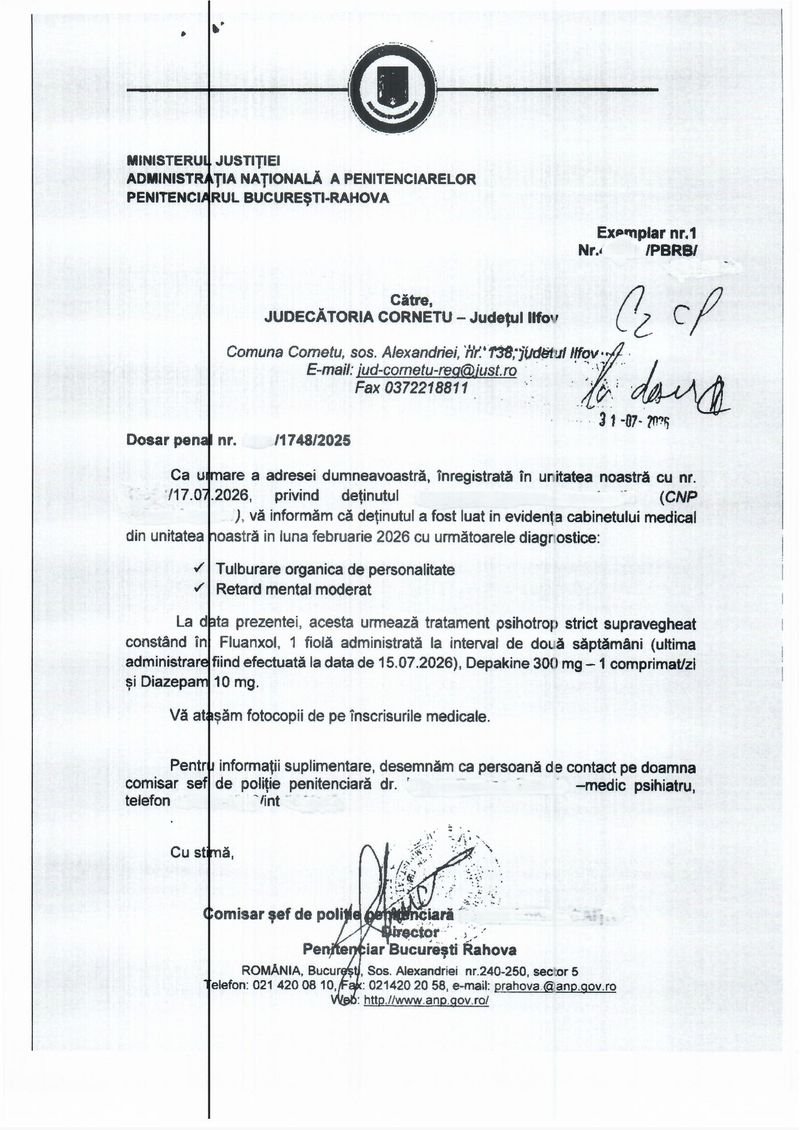 Letter from Bucharest-Rahova Prison to Cornetu District Court on the psychotropic treatment administered to the defendant (anonymised document, in Romanian)