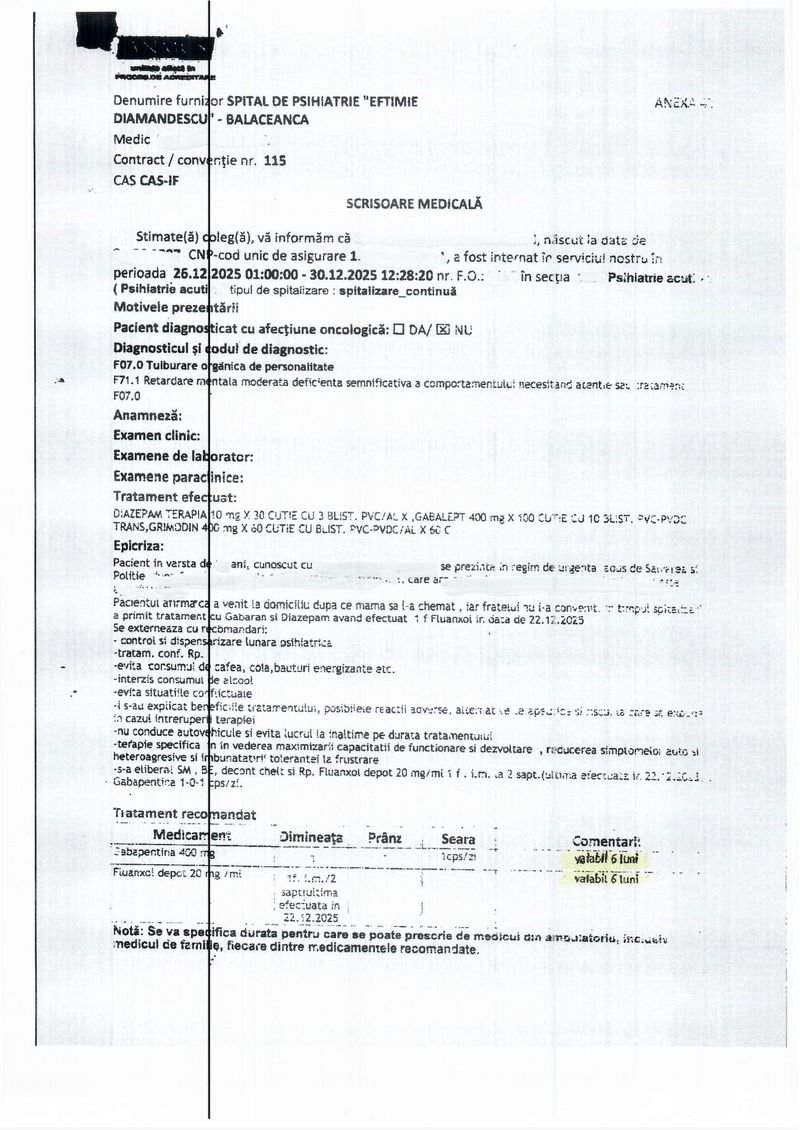 Medical letter issued by the “Eftimie Diamandescu” Psychiatric Hospital in Bălăceanca, with recommended treatment valid for 6 months (anonymised document, in Romanian)