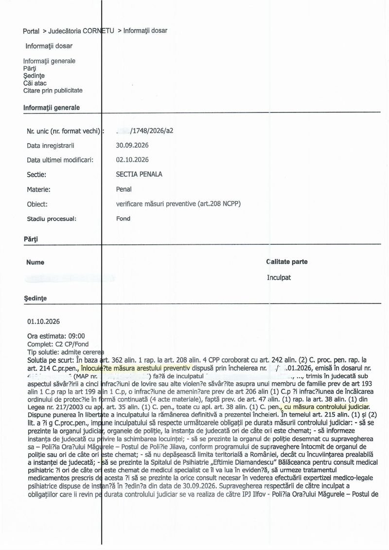Ruling of Cornetu District Court of 1 October 2026 replacing pre-trial detention with judicial supervision and ordering a psychiatric consultation (anonymised document, in Romanian)