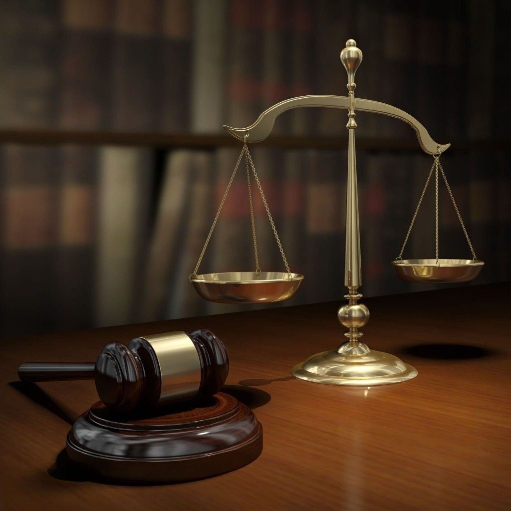 Balanța justiției și ciocănelul judecătorului pe un birou de avocat